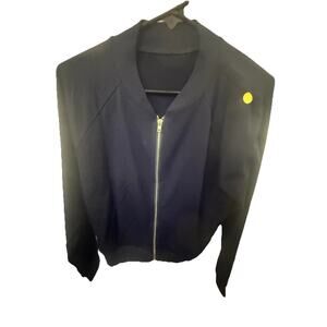 Men's Full Zip Bomber Jacket Long Sleeve Band Collar Solid Navy Blue Size M